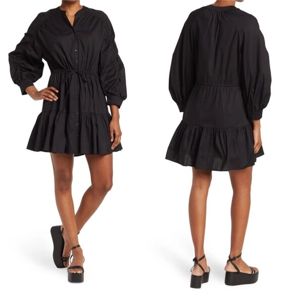ASTR the Label Ruched Shirt Dress Cotton Button Up Mini Tie Waist Black Ruffle M - Picture 1 of 12